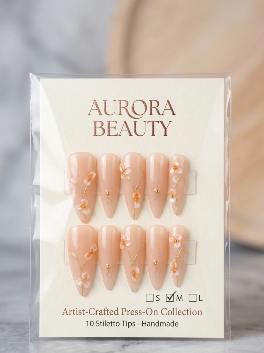 Peach Floral Press-On Nail Set - Neutral Pink Artificial Nails